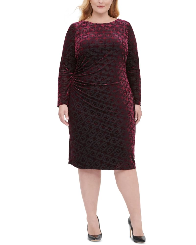 Front of a model wearing a size 20 Tommy Hilfiger Women's Plus Size Long-Sleeve Velvet Burnout Sheath Dress Red Size 20 in Red by Tommy Hilfiger. | dia_product_style_image_id:313508